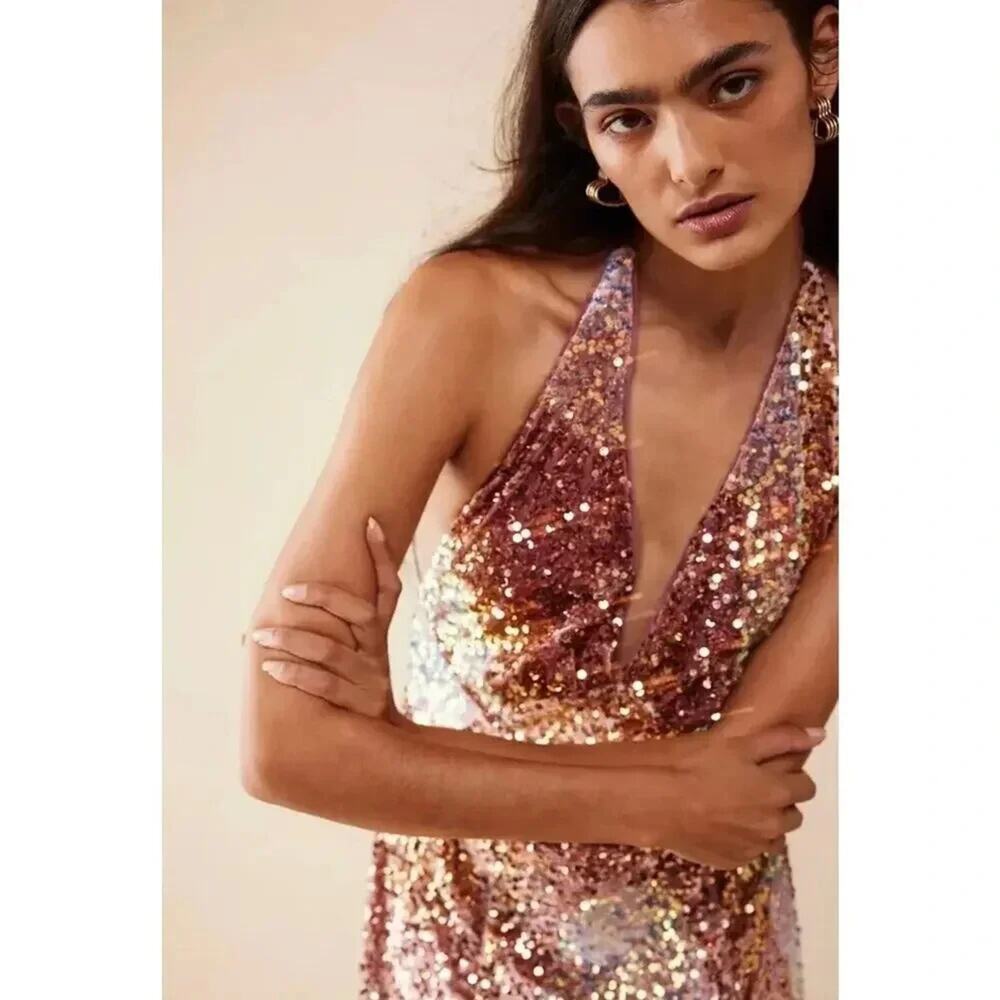 Free People Glitter Gold Pink Sequin Plunging V Neck Midi Dress Large L NWT - Picture 2 of 7
